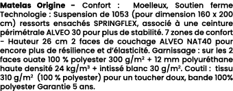 Matelas Origine Confort : Moelleux, Soutien ferme Technologie : Suspension de 1053 (pour dimension 160 x 200 cm) ress...