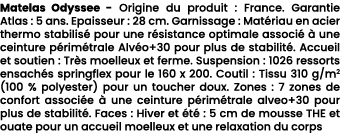 Matelas Odyssee Origine du produit : France. Garantie Atlas : 5 ans. Epaisseur : 28 cm. Garnissage : Mat riau en acie...