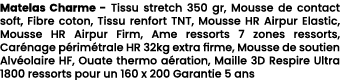 Matelas Charme Tissu stretch 350 gr, Mousse de contact soft, Fibre coton, Tissu renfort TNT, Mousse HR Airpur Elastic...