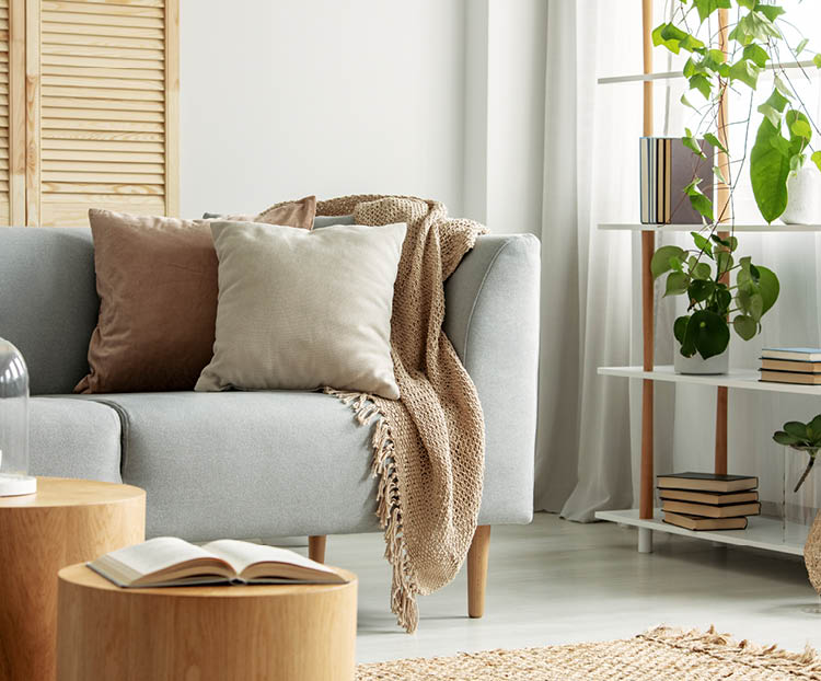 Modern living room in natural, botanical style