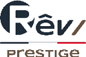 Le logo pr sente le mot “R v" en lettres stylis es avec une barre tricolore noire, blanche et rouge en dessous, suivi du mot "prestige" en lettres marron. Description g n r e par IA