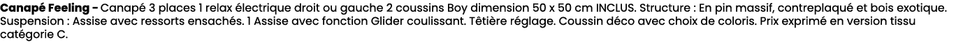 Canap Feeling Canap  3 places 1 relax  lectrique droit ou gauche 2 coussins Boy dimension 50 x 50 cm INCLUS. Structu...