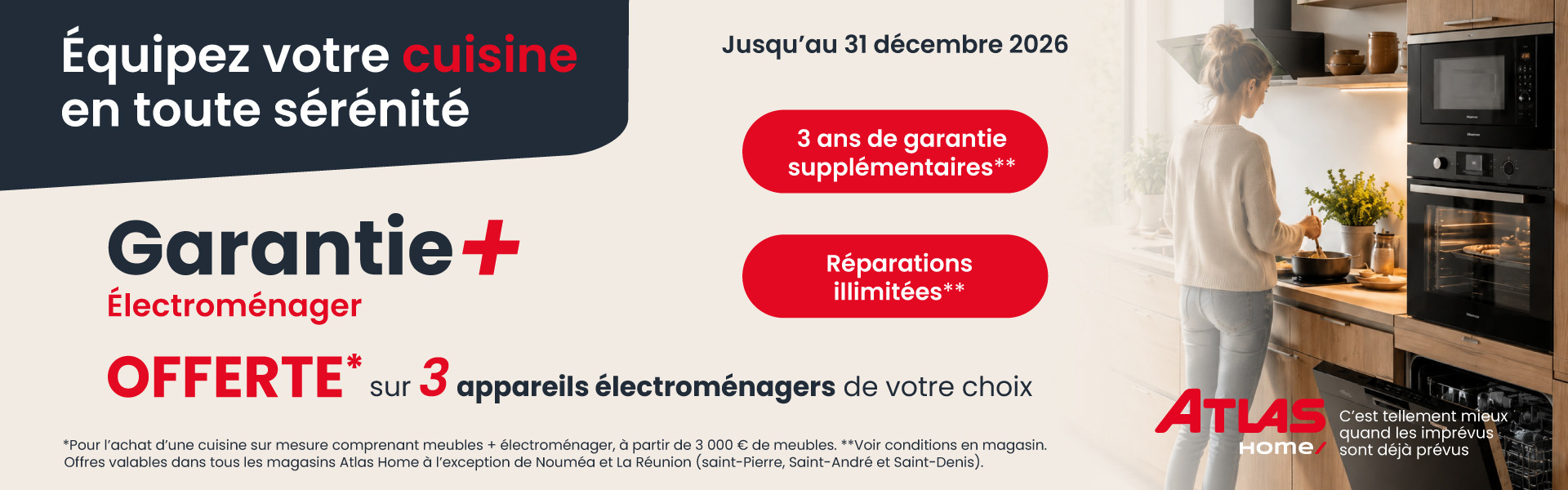 Garantie+ offerte pour 3 appareils électroménagers pour l’achat de meubles de cuisine jusqu’au 31 décembre